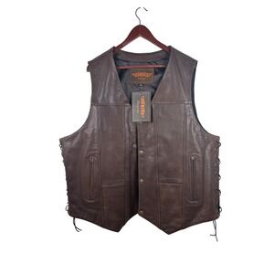 UNIK‎ Leather Vest 4XL Brown Biker Concealed Carry Side Lace Snap Front NEW